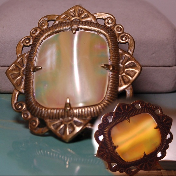 Antique original Victorian era (pre 1870) mother of pearl c-clasp gilded brooch